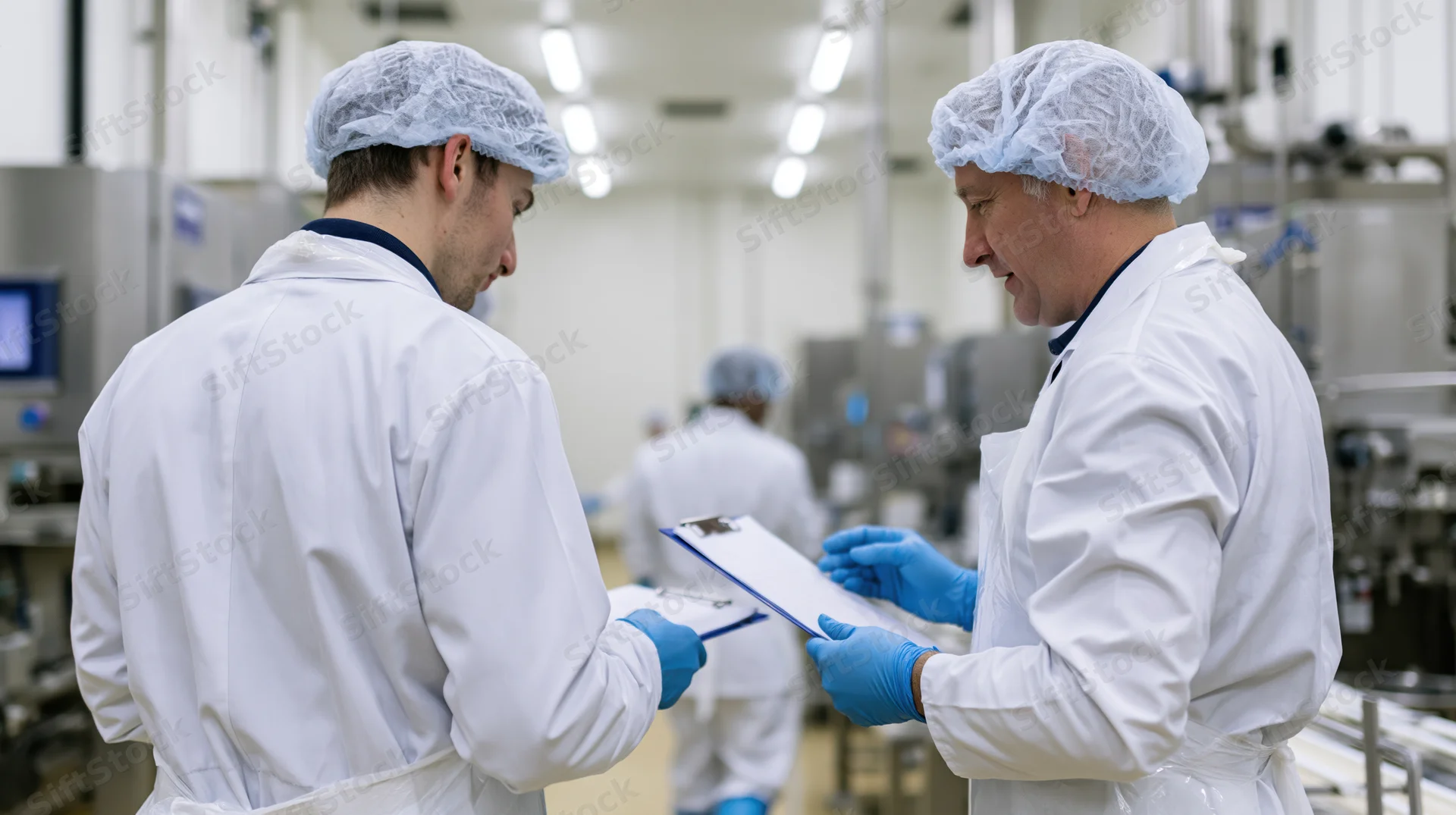 Two men in white lab coats and hairnets reviewing a clipboard during inspection in a food factory