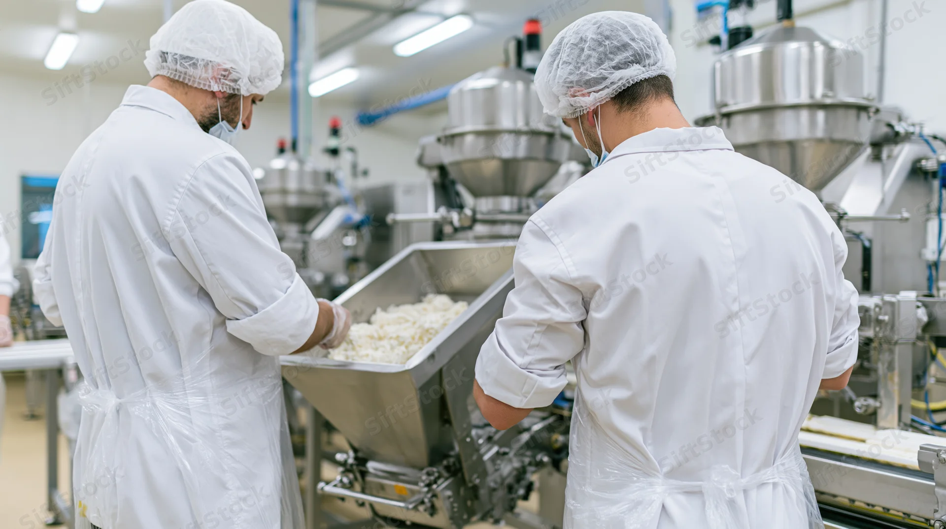 Two male workers in white lab coats and hairnets adding ingredients into a stainless steel mixer in a food factory