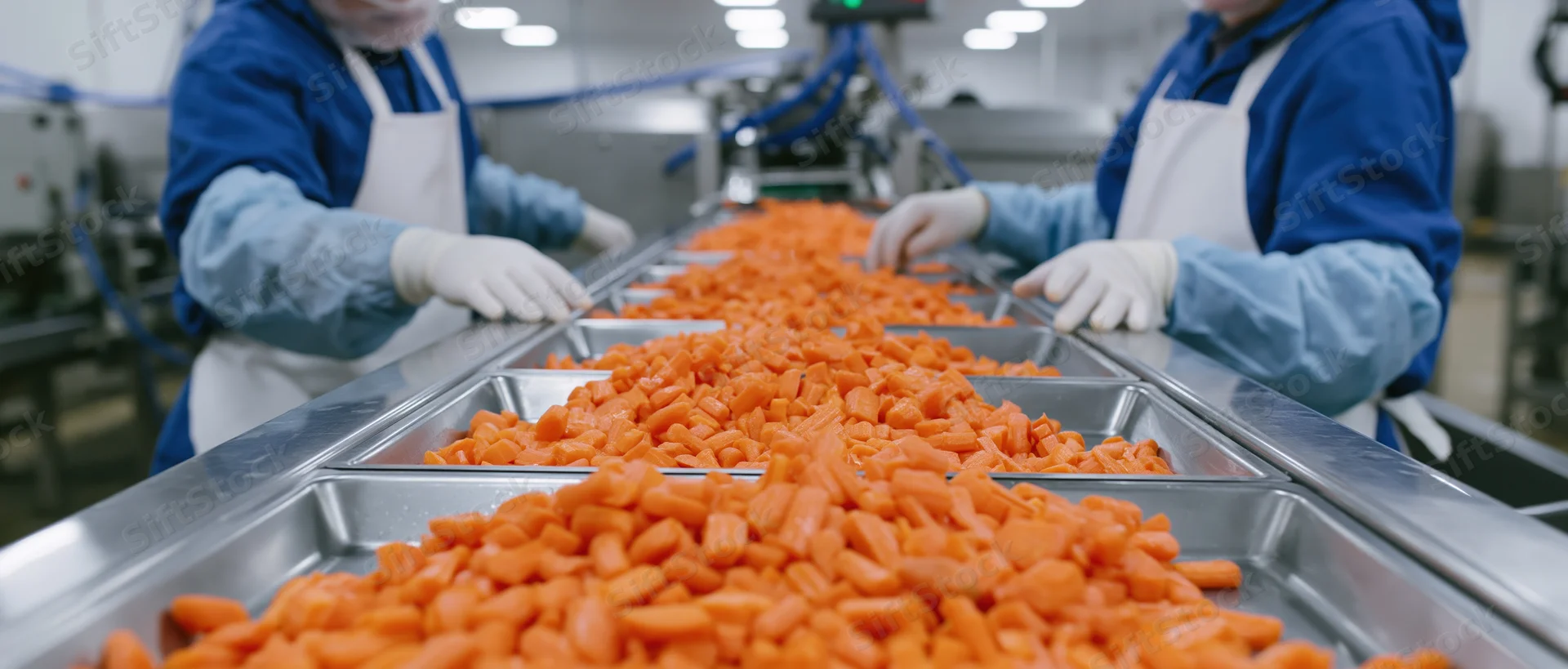Food processing workers sorting carrots on a conveyor line in a factory