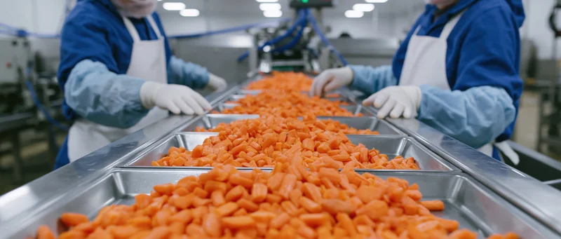 Food processing workers sorting carrots on a conveyor line in a factory