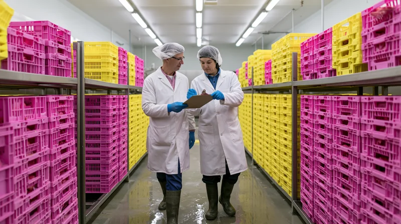 Two food processing workers in lab coats and hairnets inspecting crates in a warehouse aisle