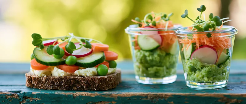 Fresh spring vegetables arranged on rye crisp and in glass jars on a blue wooden table