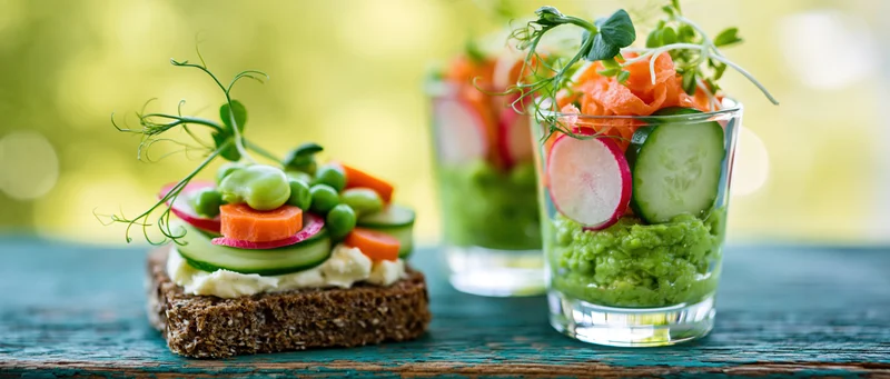 Two spring vegetable arrangements side by side on a wooden table, one on rye crisp with cream cheese and the other in a glass cup with guacamole base
