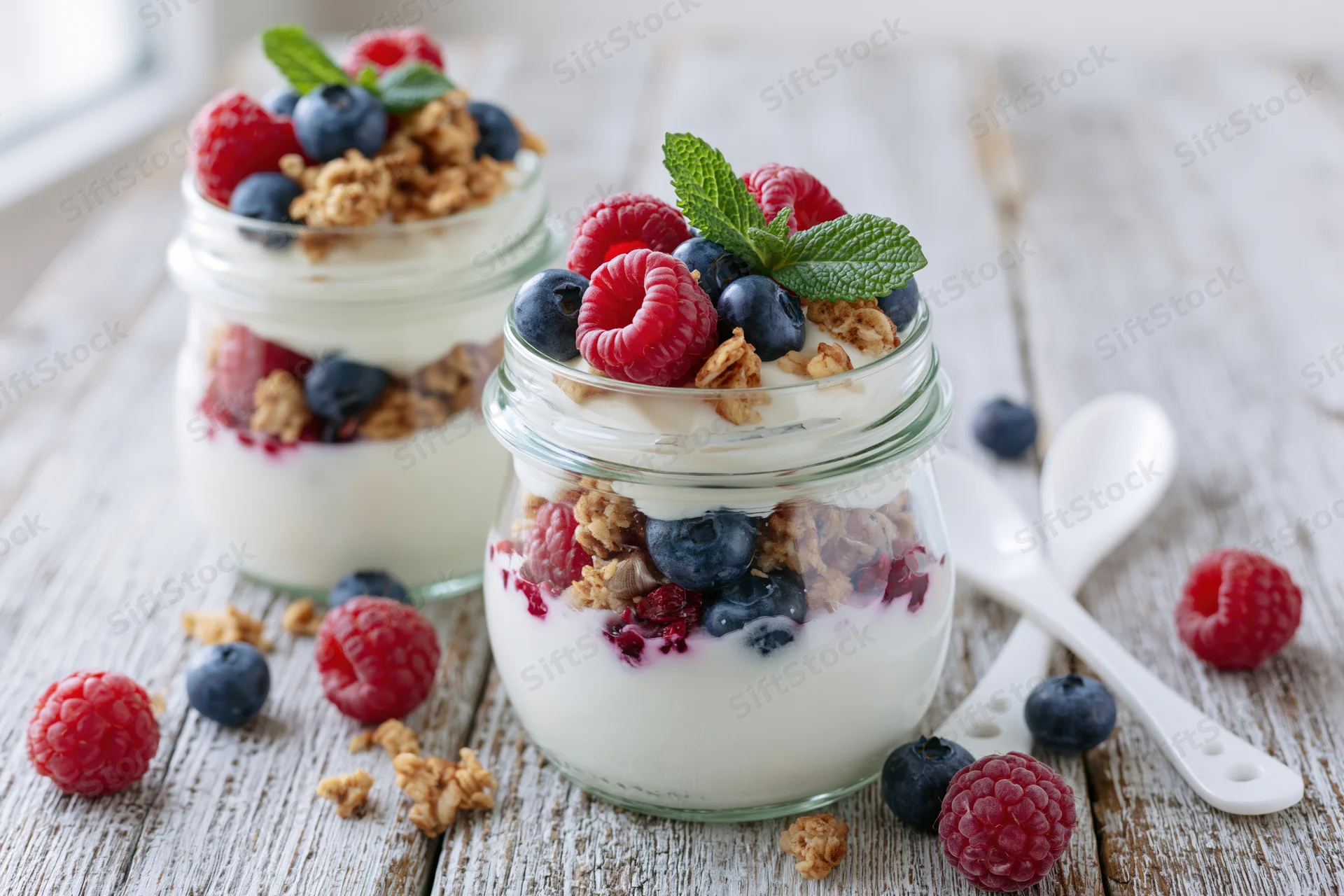Two glass mason jars filled with layered yogurt parfait topped with berries and granola on a rustic wooden table
