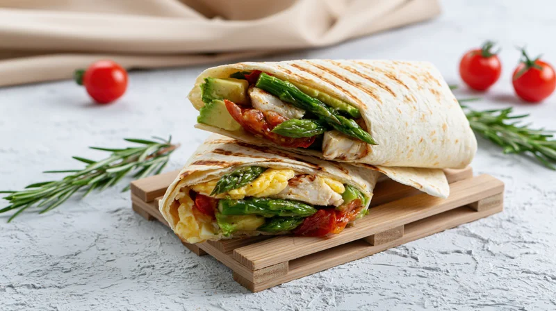 Two grilled tortilla wraps stacked on a small wooden pallet with asparagus, chicken, avocado, and egg, surrounded by cherry tomatoes and rosemary sprigs on a white textured surface