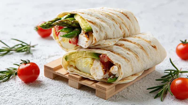 Two grilled tortilla wraps filled with chicken, asparagus, avocado, egg, and tomato stacked on a small wooden pallet on a white surface