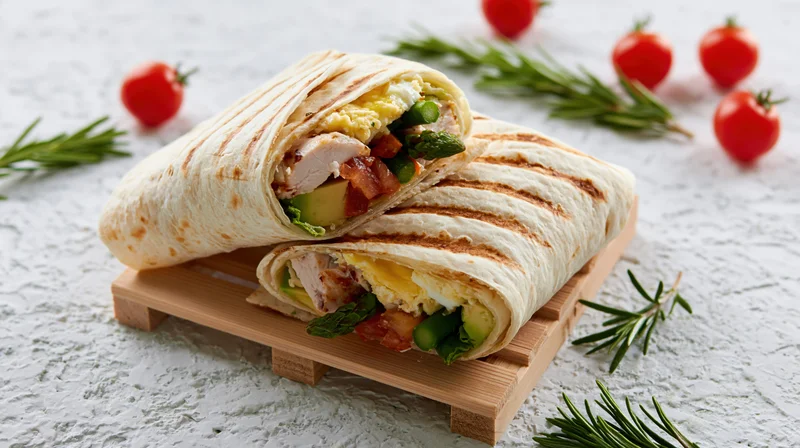 Grilled tortilla wraps filled with chicken, egg, bacon, asparagus and avocado on a wooden pallet with cherry tomatoes and rosemary around