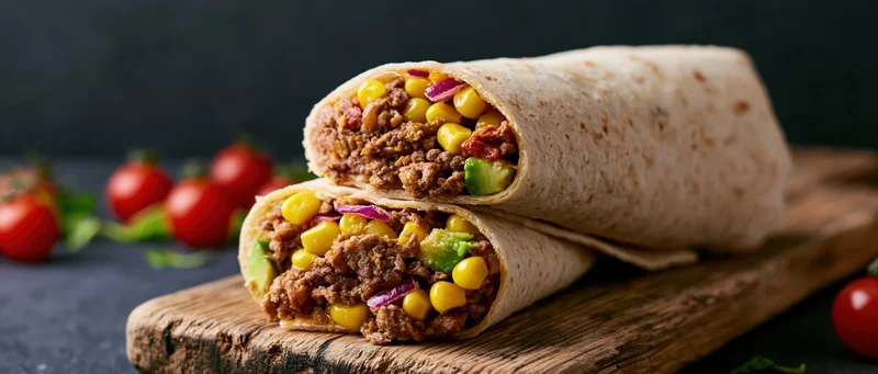 Two halved beef and vegetable burritos stacked on a worn wooden cutting board