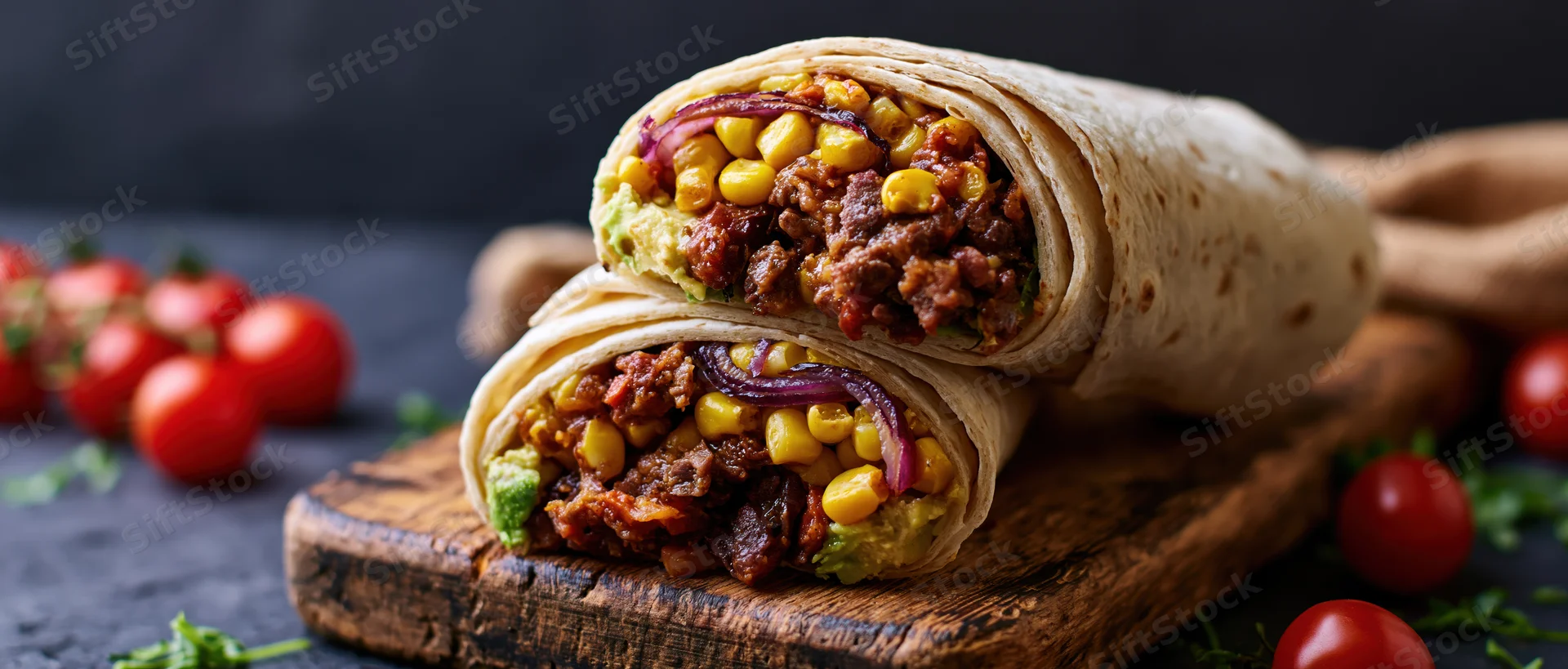 Two halved beef and vegetable burritos stacked on a worn wooden cutting board