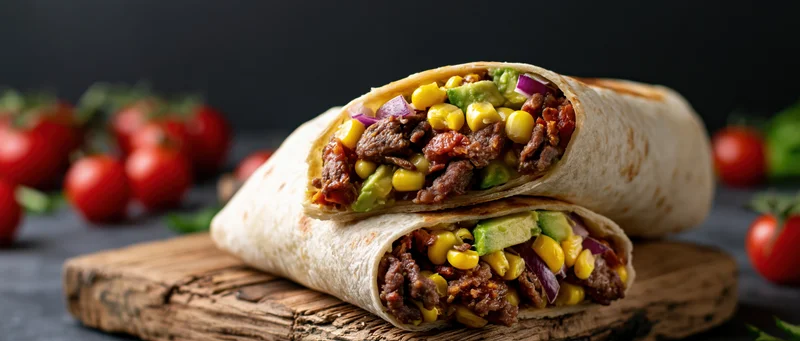 Two halved beef and vegetable burritos stacked on a worn wooden cutting board