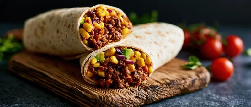 Two halved beef and vegetable burritos stacked on a worn wooden cutting board