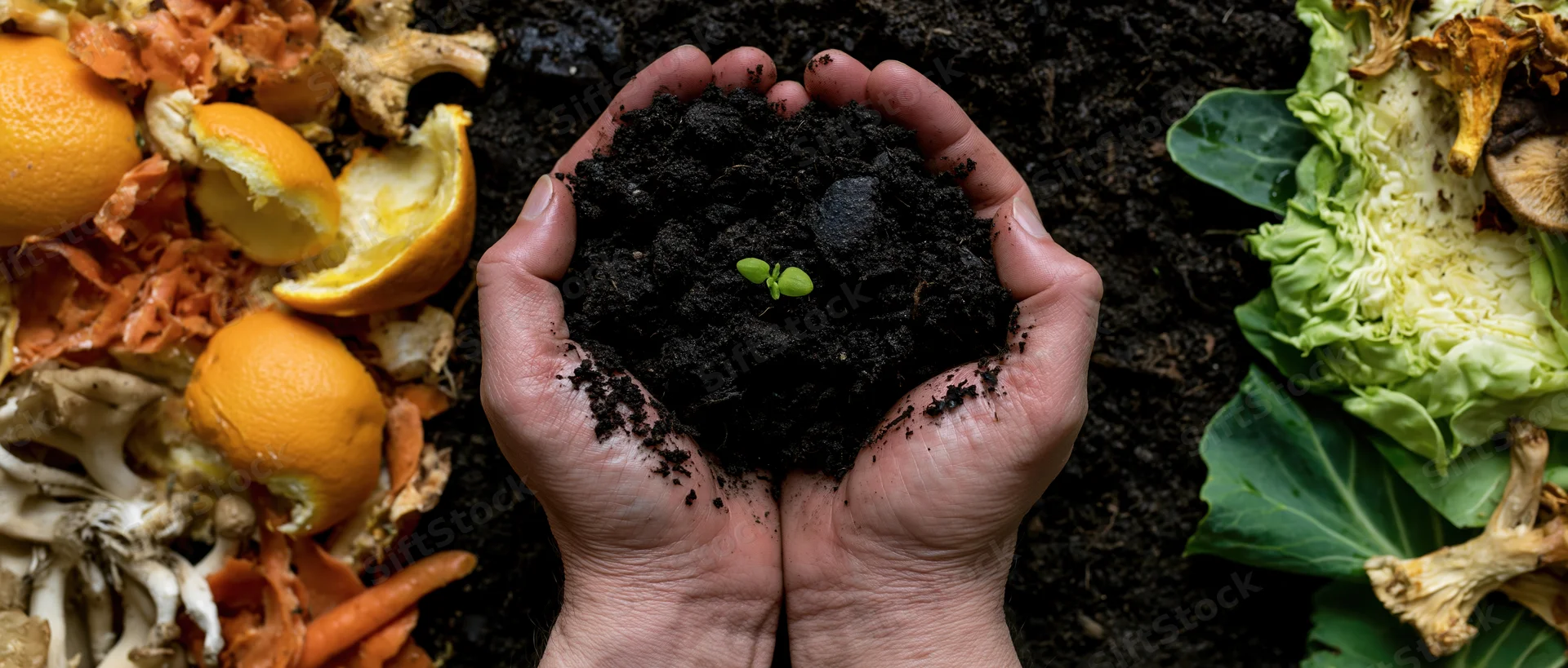 Hands cupping dark soil with a small green seedling surrounded by food scraps and vegetable waste