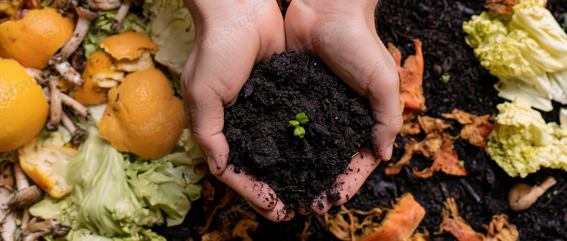 Hands cupping dark rich soil with a tiny green seedling surrounded by food scraps