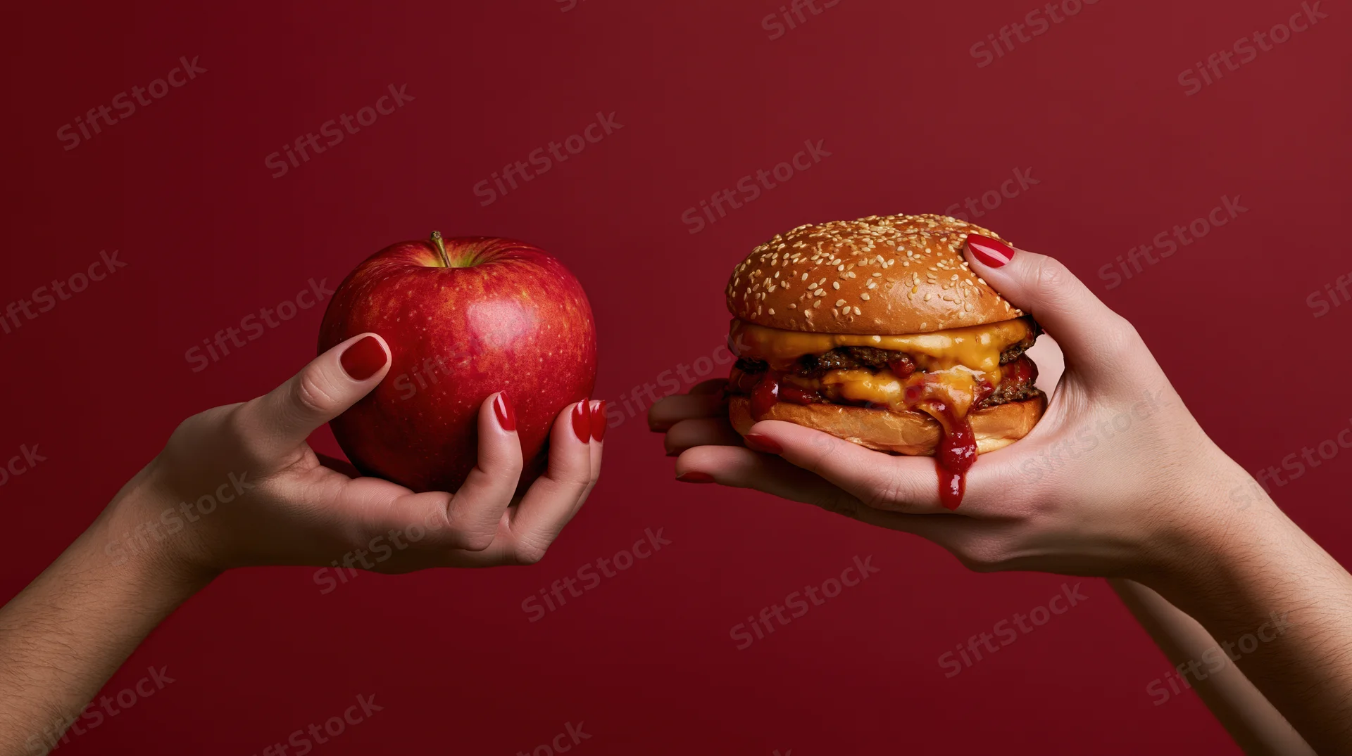 Two hands holding a red apple and a cheeseburger facing each other against a red background