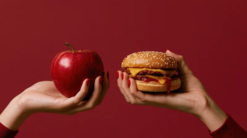 Two hands holding a red apple and a cheeseburger facing each other against a red background