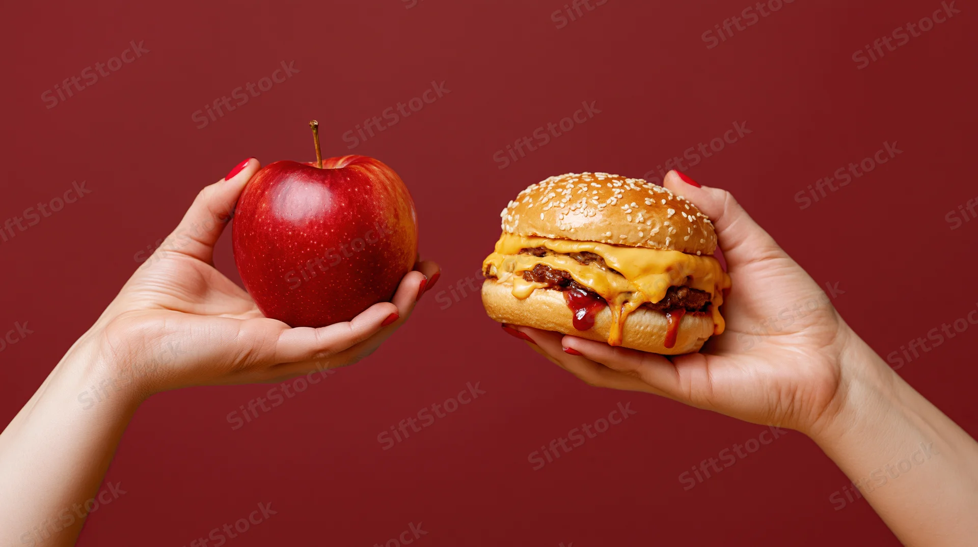 Two hands holding a red apple and a cheeseburger facing each other against a red background