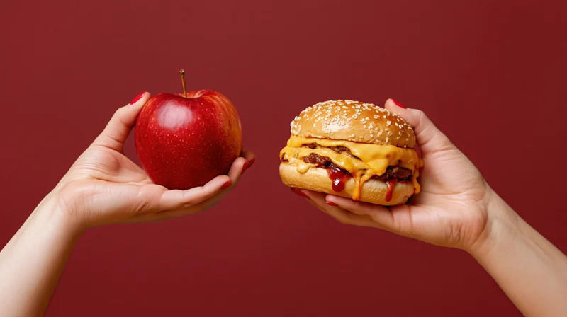 Two hands holding a red apple and a cheeseburger facing each other against a red background