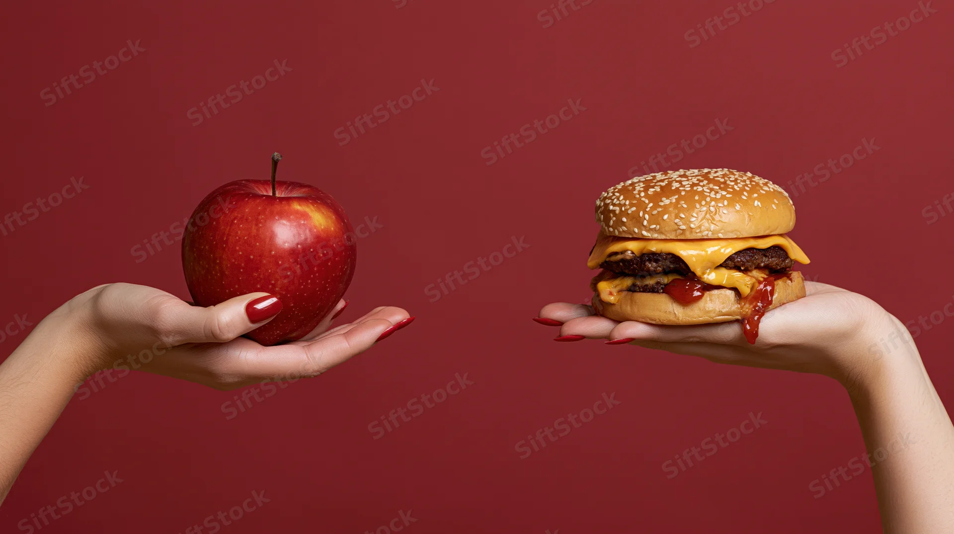 Two hands holding a red apple and a cheeseburger facing each other against a red background