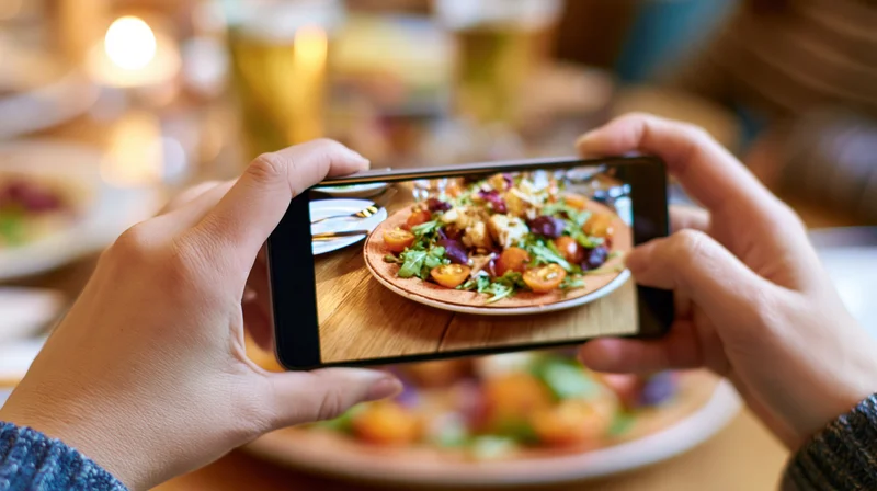 Hands holding smartphone horizontally photographing a salad on a plate at a restaurant table