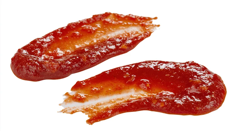 Two smears of red ketchup on a white background