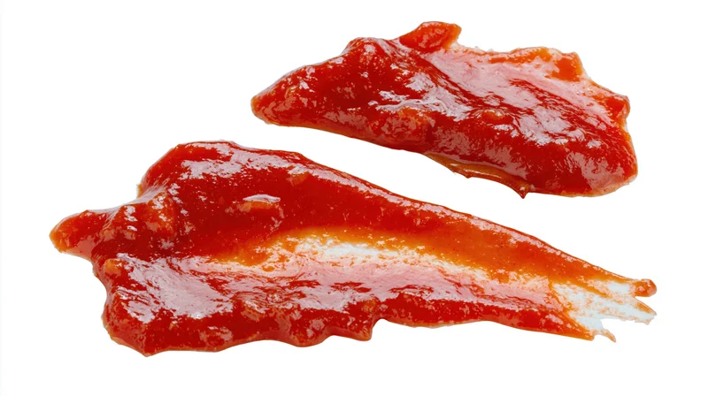 Two smears of red tomato ketchup on a white background