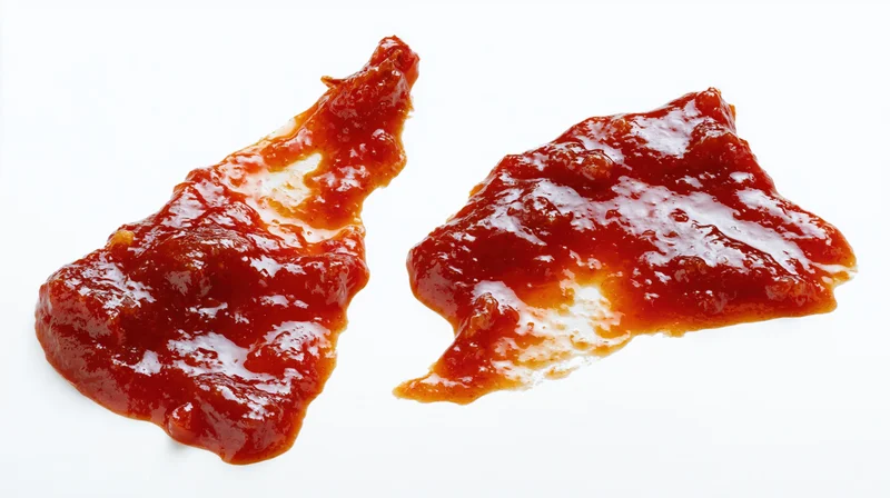 Two smears of red tomato ketchup on a white surface