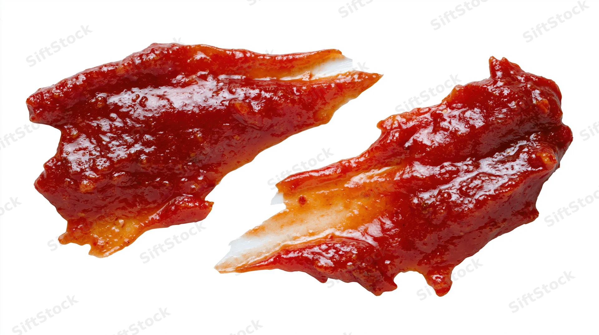 Two smears of red tomato ketchup on a white background