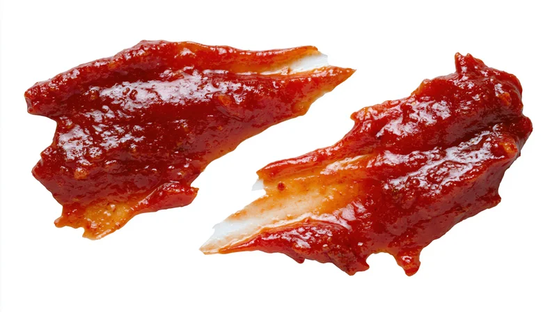Two smears of red tomato ketchup on a white background