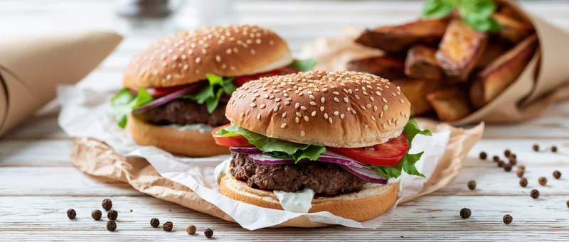 Two beef burgers with sesame buns and toppings served with fries on a wooden table
