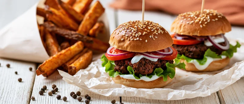 Two beef burgers with sesame buns and toppings served with fries on parchment paper on a wooden table