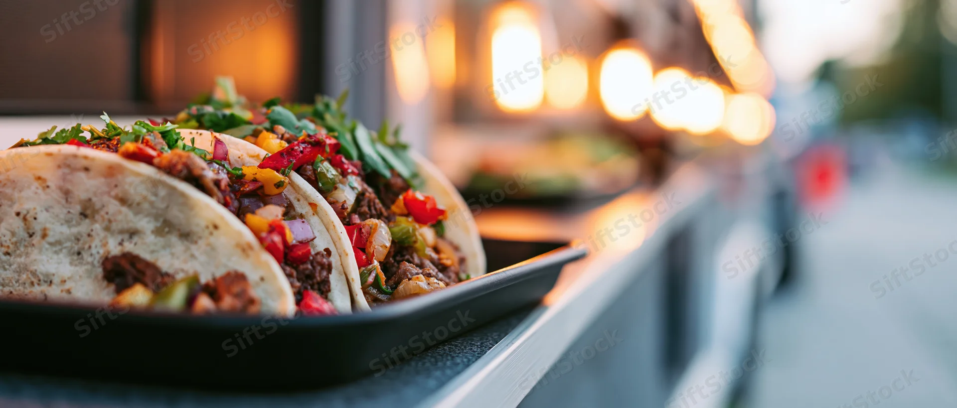 Two loaded street tacos in a black tray on a food truck counter at evening