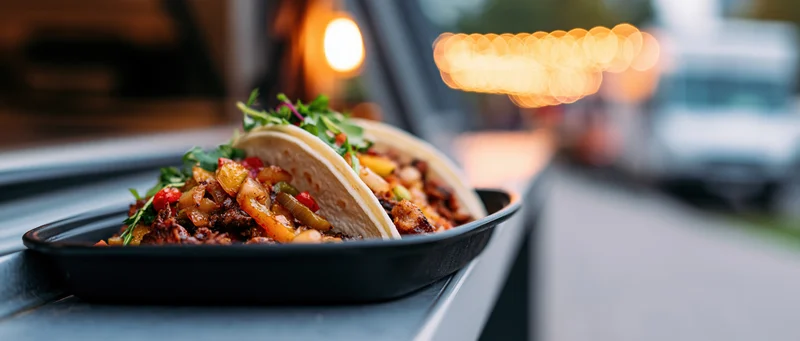 Two loaded street tacos in a black tray on a car dashboard at night