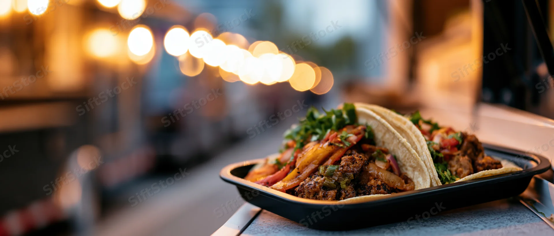 Two loaded street tacos in a black tray on a food truck at night with warm bokeh lights in the background