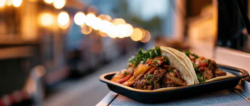 Two loaded street tacos in a black tray on a food truck at night with warm bokeh lights in the background