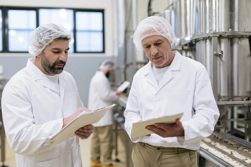 Two male food factory workers in white lab coats and hairnets inspecting documents during production