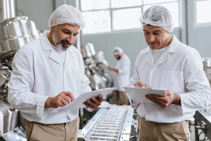 Two men in white lab coats and hairnets examining clipboards in a food factory production area