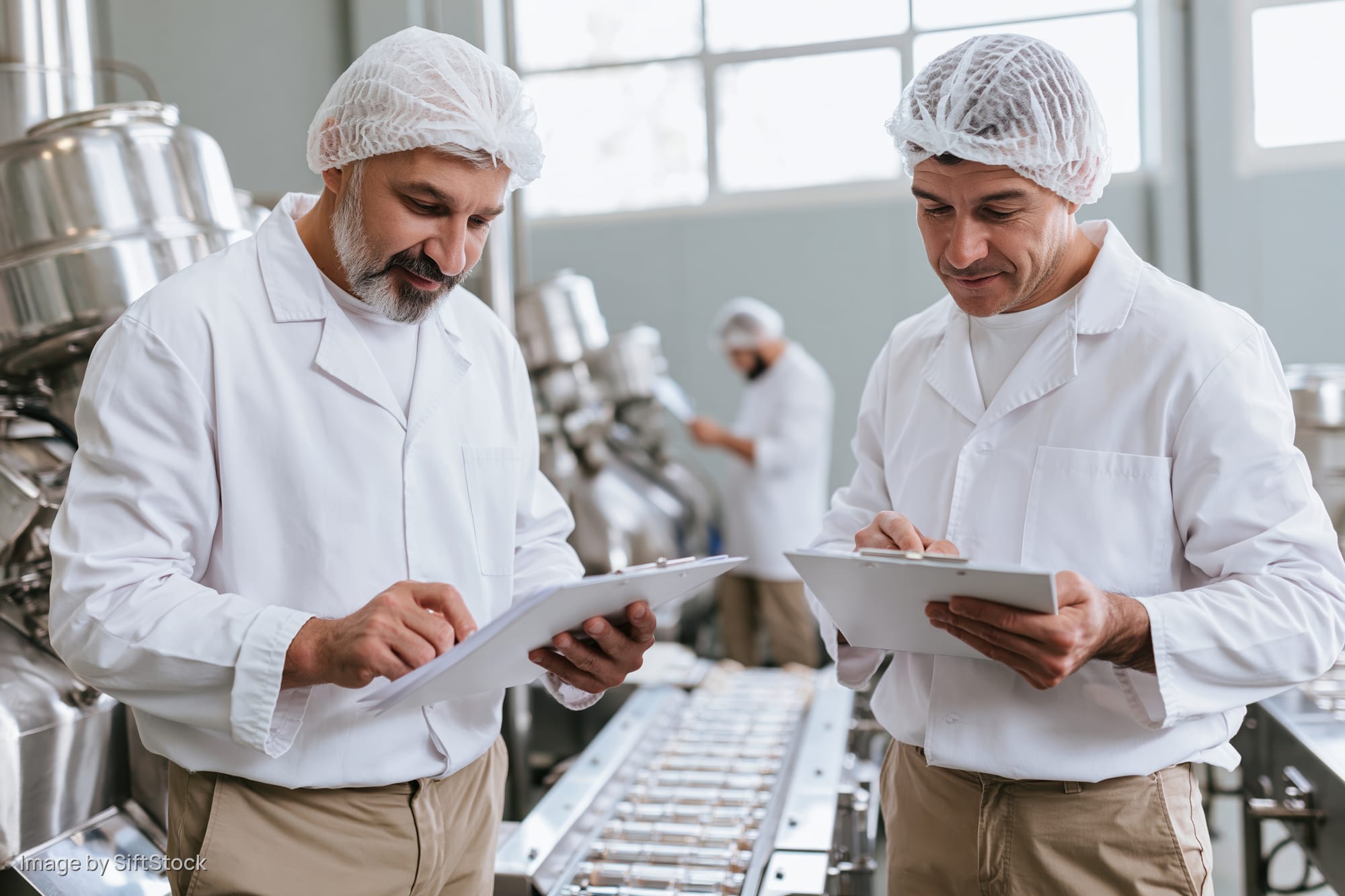 Two men in white lab coats and hairnets examining clipboards in a food factory production area