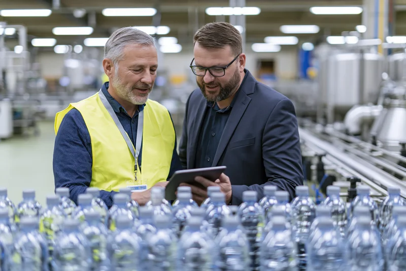 Two men reviewing a tablet together beside a line of water bottles in a factory