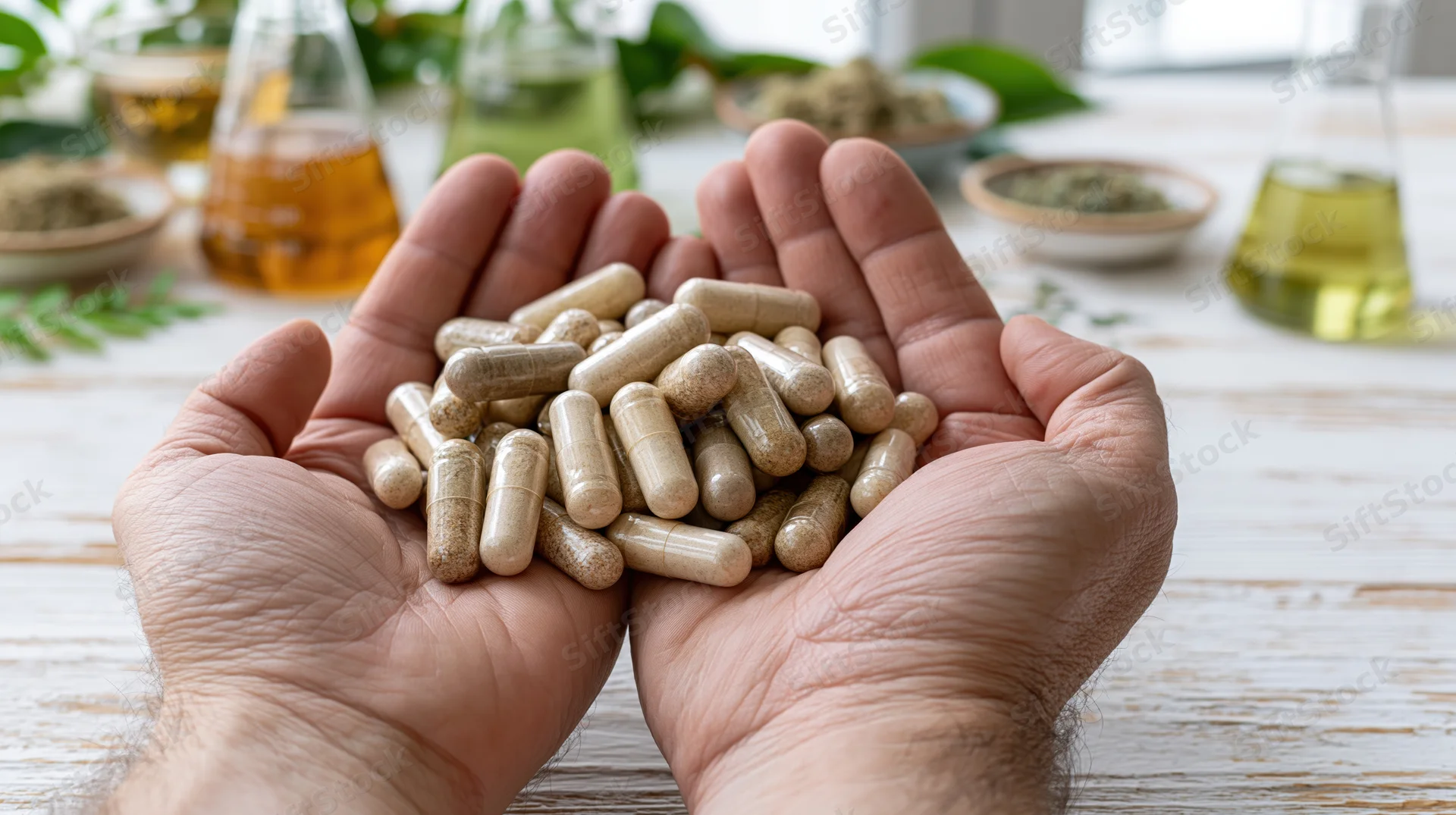 Hands holding herbal supplement capsules over a wooden table with botanical ingredients and glass flasks in the background