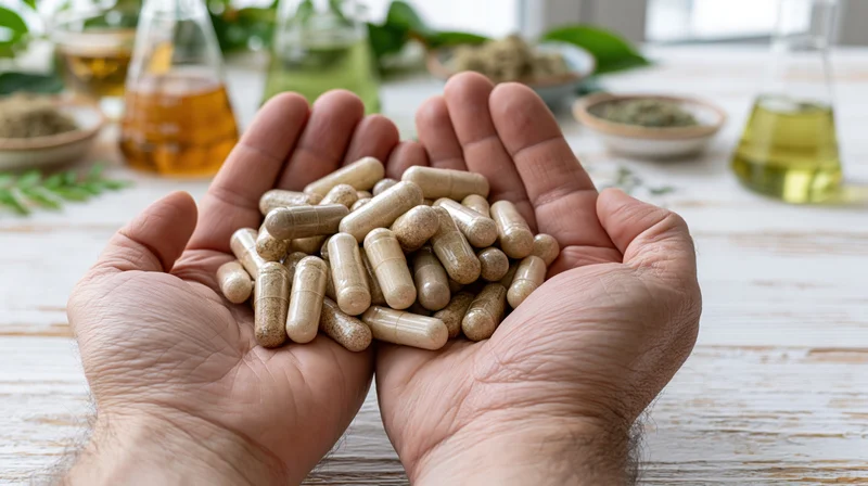 Hands holding herbal supplement capsules over a wooden table with botanical ingredients and glass flasks in the background