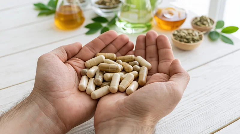 Male hands holding herbal supplement capsules over a white wooden table with natural ingredients in the background