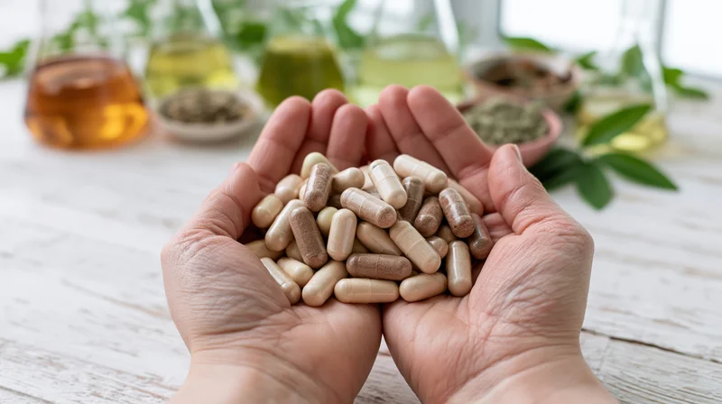 Hands holding herbal supplement capsules over a wooden table with natural remedies in background