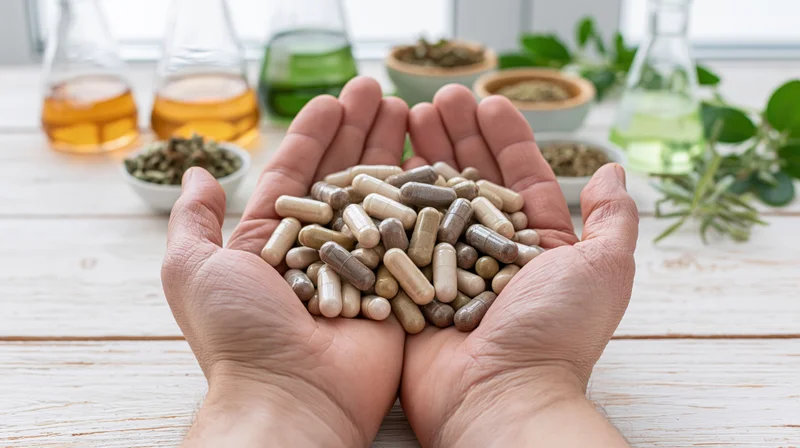 Hands holding herbal supplement capsules over a wooden table with glass flasks and bowls of herbs in the background