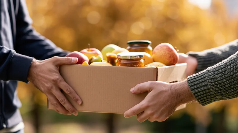 Two people passing a cardboard box filled with apples and jars of jam outdoors in autumn