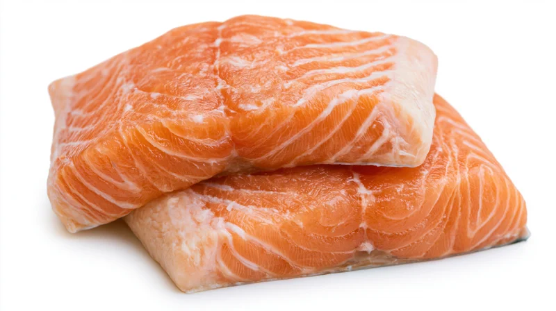 Two raw salmon fillets stacked slightly overlapping on white background