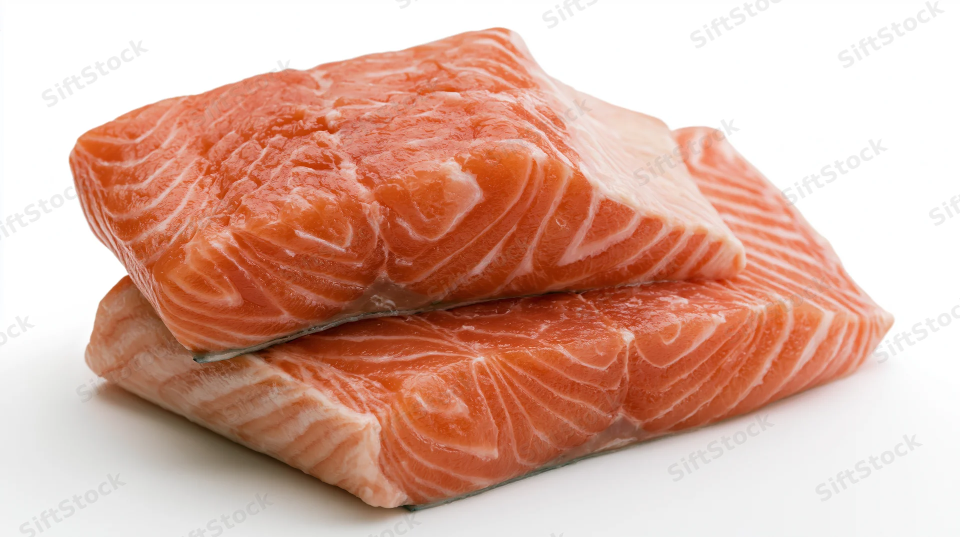 Two raw salmon fillets stacked slightly overlapping on white background
