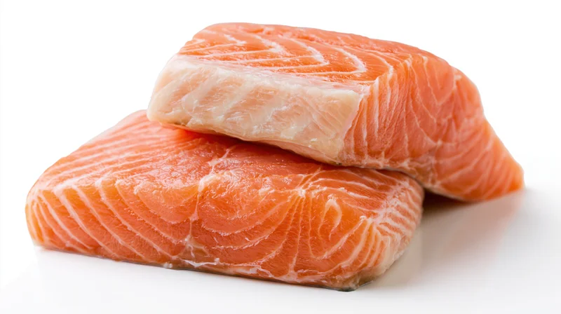 Two raw salmon fillets stacked slightly overlapping on white background