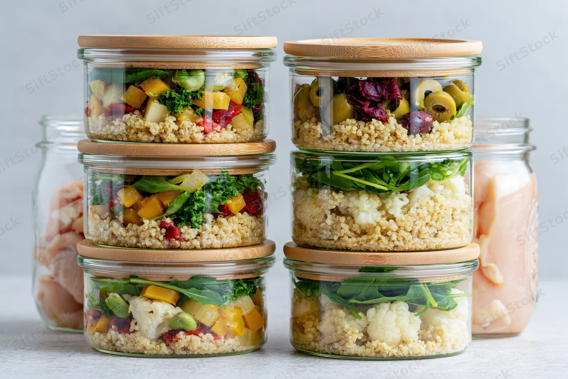 Two stacks of glass meal prep containers filled with layered quinoa salads and vegetables on a white countertop