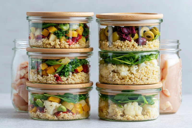 Two stacks of glass meal prep containers filled with layered quinoa salads and vegetables on a white countertop