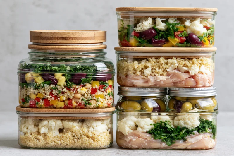 Stacked glass meal prep containers filled with layered salads, quinoa, chicken, and vegetables on a kitchen countertop